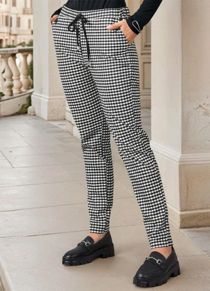 bonprix - Calça Xadrez Comfort com Amarração Vivhy Preto - BONPRIX