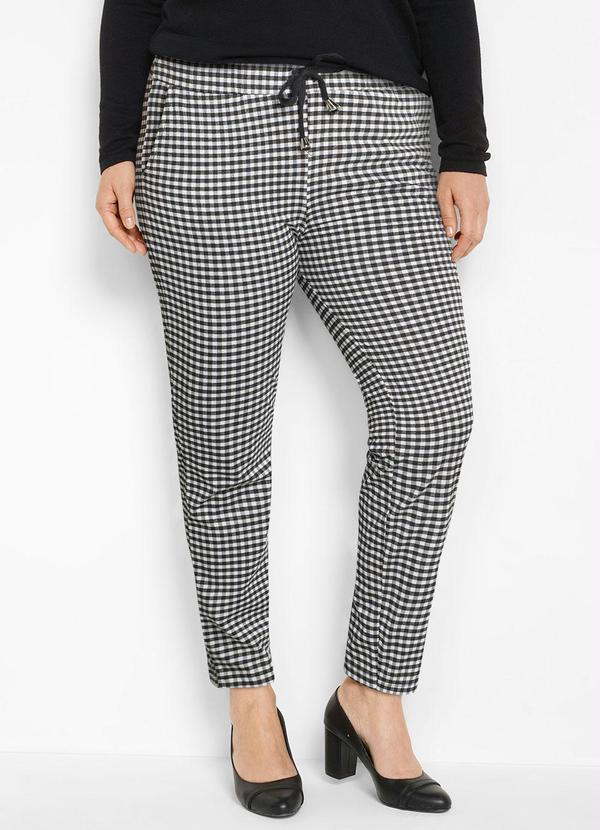 bonprix - Calça Xadrez Comfort com Amarração Vivhy Preto