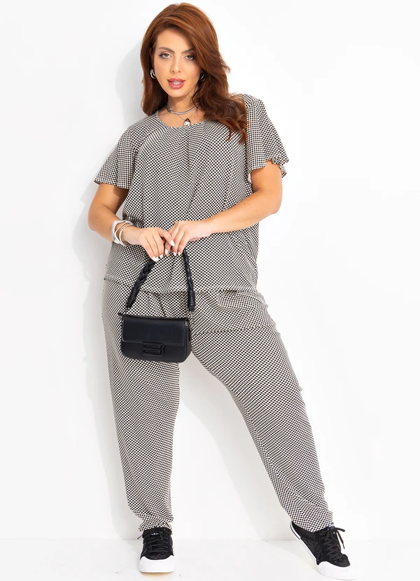 Quintess - Calça Xadrez P&B em Malha de Viscose 15