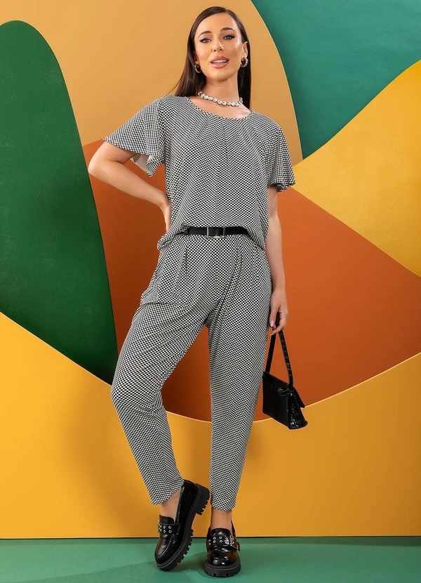 Quintess - Calça Xadrez P&B em Malha de Viscose 7