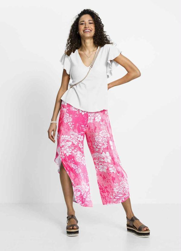 Outlet - Calça Cropped com Fendas Floral Rosa 3