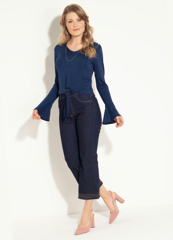 Quintess - Calça Jeans Pantacourt Azul com Barra Flare 3