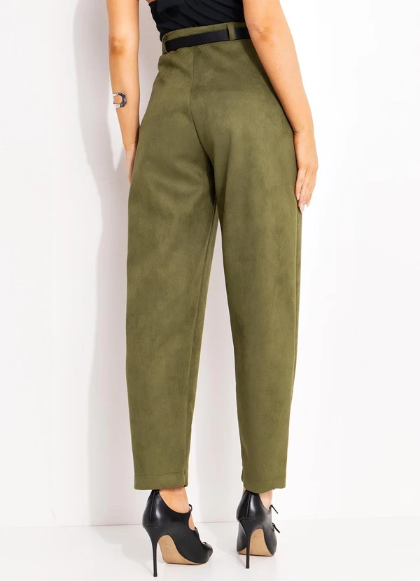 Quintess - Calça Balão em Malha Suede Verde Militar com Cintura Alta 2