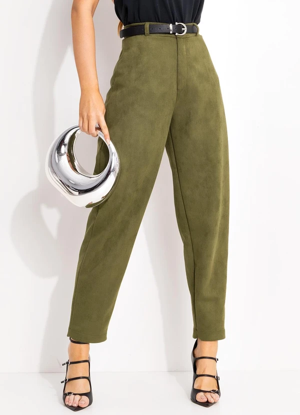 Quintess - Calça Balão em Malha Suede Verde Militar com Cintura Alta 3