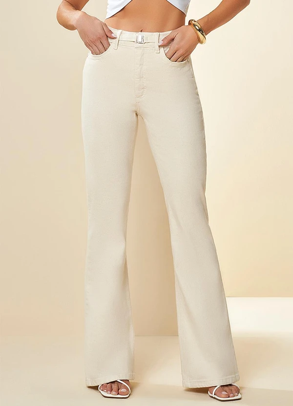 Doce Trama - Calça Cintura Média Tropical Flare Branco