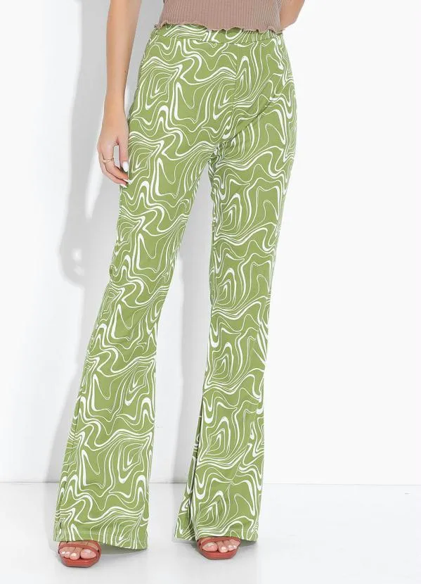 Moda Pop - Calça Efeito Líquido Verde Flare com Elástico