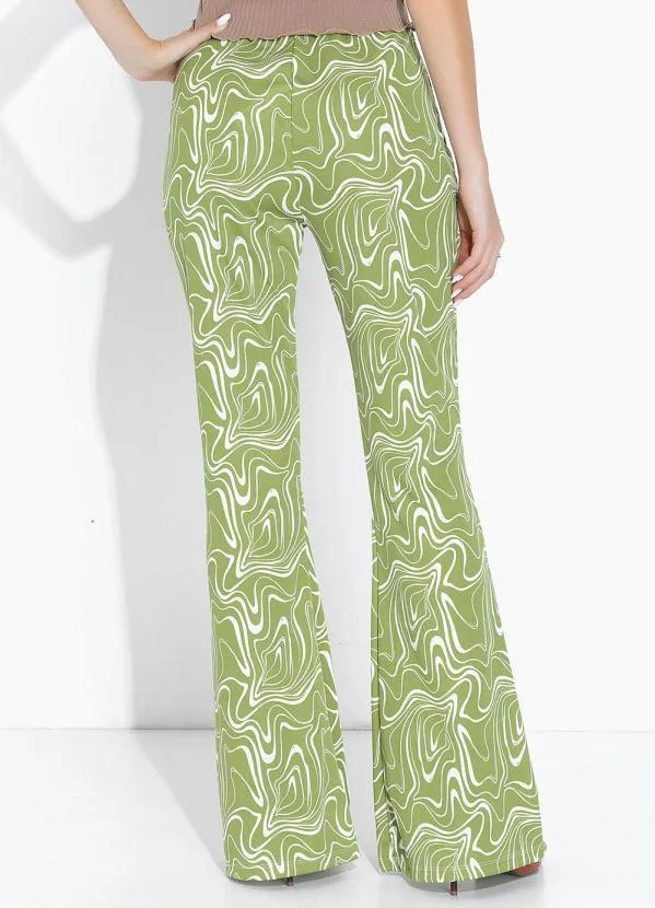 Moda Pop - Calça Efeito Líquido Verde Flare com Elástico 2