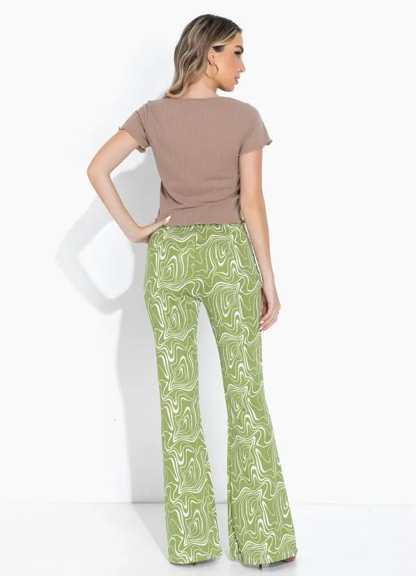 Moda Pop - Calça Efeito Líquido Verde Flare com Elástico 4
