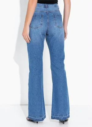 bonprix - Calça Flare Jeans com Botões Azul Escuro - BONPRIX