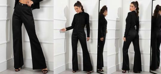 Cala Flare Preta em Tecido Plano Creponado