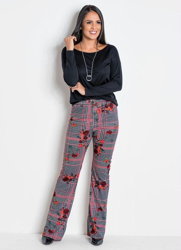 Outlet - Calça Flare Xadrez e Flores 3