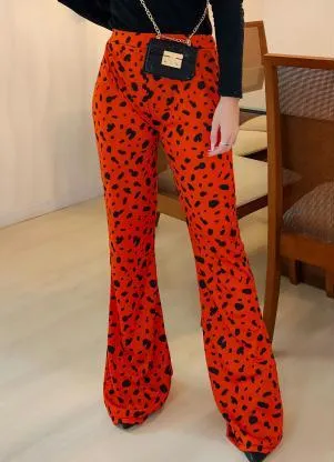 Moda Pop - Calça Onça Laranja Flare com Elástico na Cintura - MODA POP