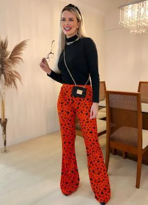 Moda Pop - Calça Onça Laranja Flare com Elástico na Cintura - MODA POP