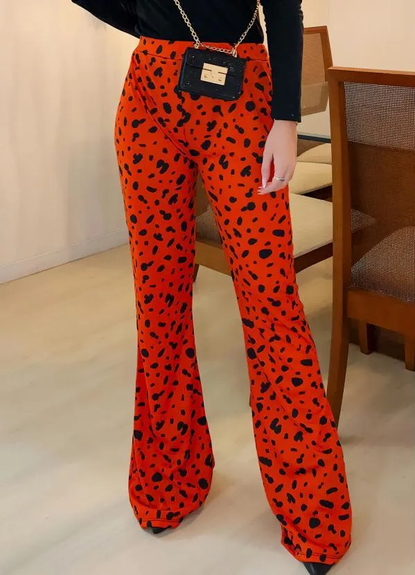 Moda Pop - Calça Onça Laranja Flare com Elástico na Cintura
