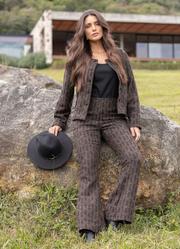 Cal�a Xadrez Marrom em Tecido Tweed