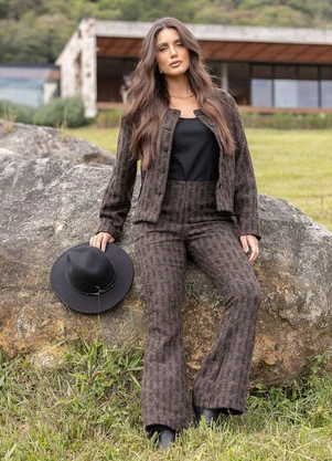 Quintess - Calça Xadrez Marrom em Tecido Tweed - QUINTESS