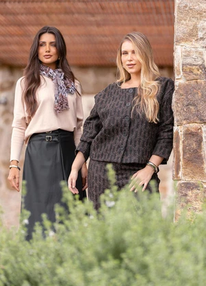 Quintess - Calça Xadrez Marrom em Tecido Tweed - QUINTESS
