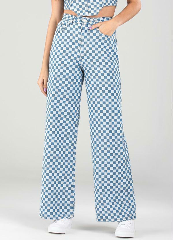 Enfim - Calça Azul Claro Jeans Wide Leg Quadriculada
