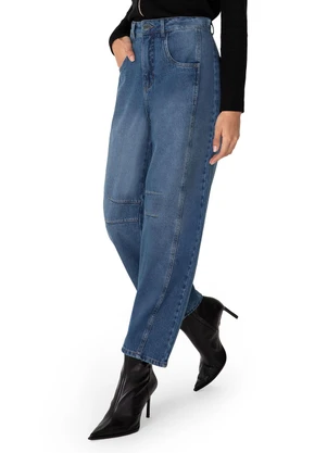 Enfim - Calça Barrel Cintura Alta em Jeans Azul - ENFIM