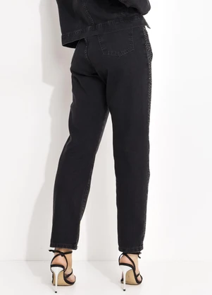 Quintess - Calça Jeans Black Stone Cigarrete com Strass Lateral e Cintura Alta - QUINTESS
