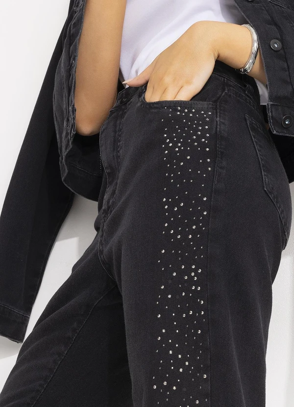 Quintess - Calça Jeans Black Stone Cigarrete com Strass Lateral e Cintura Alta