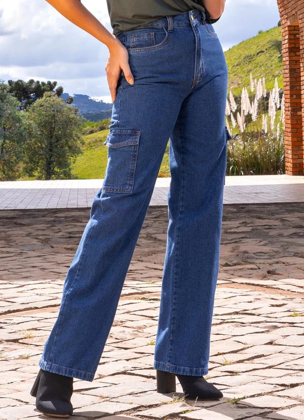 Quintess Calça Cargo Jeans Médio em Jeans
