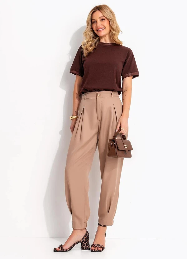 Quintess - Calça Cenoura Bege Tecido Alfaiataria