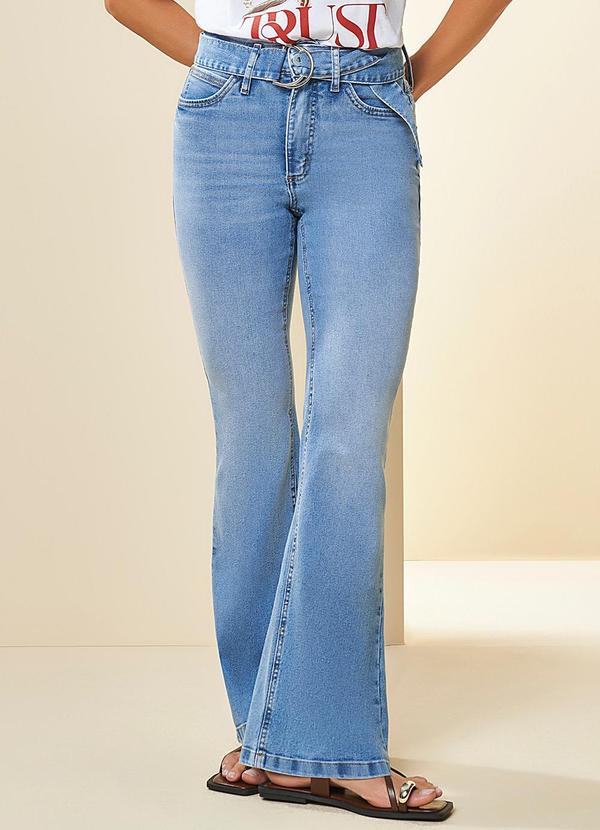 Doce Trama - Calça Cintura Média Tropical Flare Jeans Azul