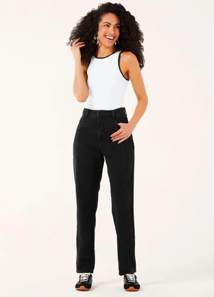 Marialícia - Calça Feminina Jeans Mom Recortes Preto - MARIALÍCIA