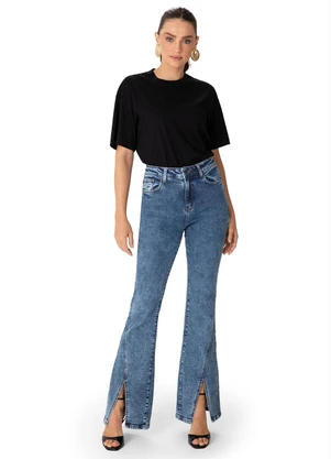 Enfim - Calça Flare com Fenda Cintura Alta Jeans Azul - ENFIM