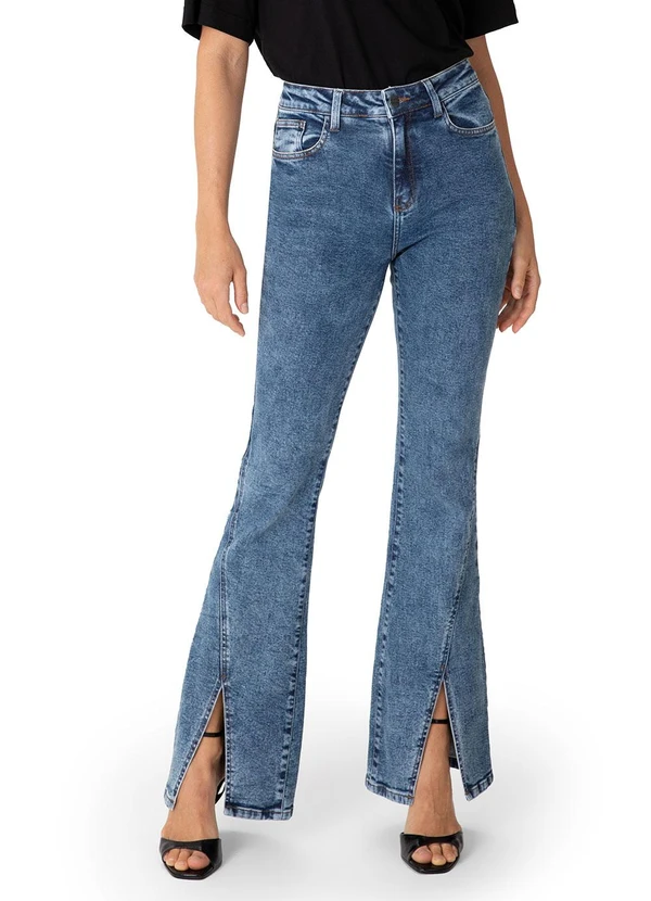 Enfim - Calça Flare com Fenda Cintura Alta Jeans Azul
