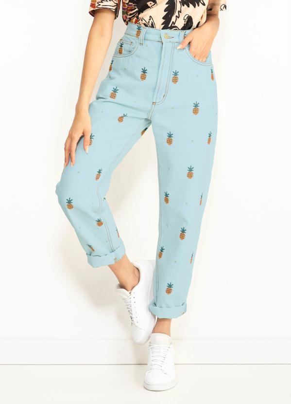Farm - Calça Jeans Bordado Ponto de Abacaxi Azul 1