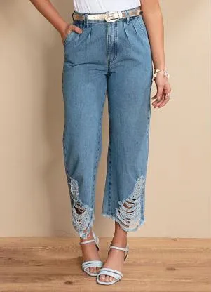 Quintess - Calça Jeans Claro Pantacourt com Rasgados - QUINTESS