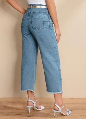 Quintess - Calça Jeans Claro Pantacourt com Rasgados - QUINTESS