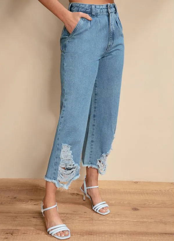 Quintess - Calça Jeans Claro Pantacourt com Rasgados 5