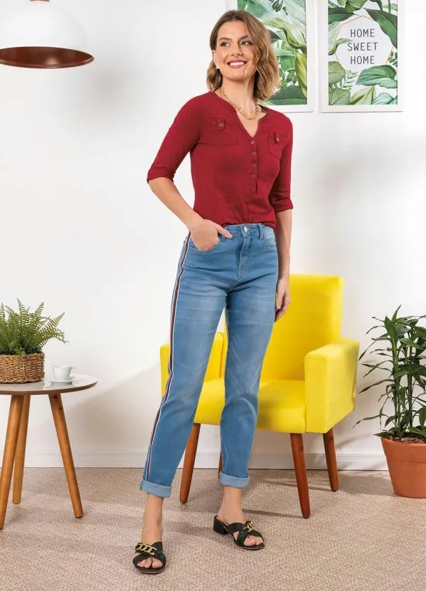 bonprix - Calça Jeans com Listra Lateral Azul Claro 4