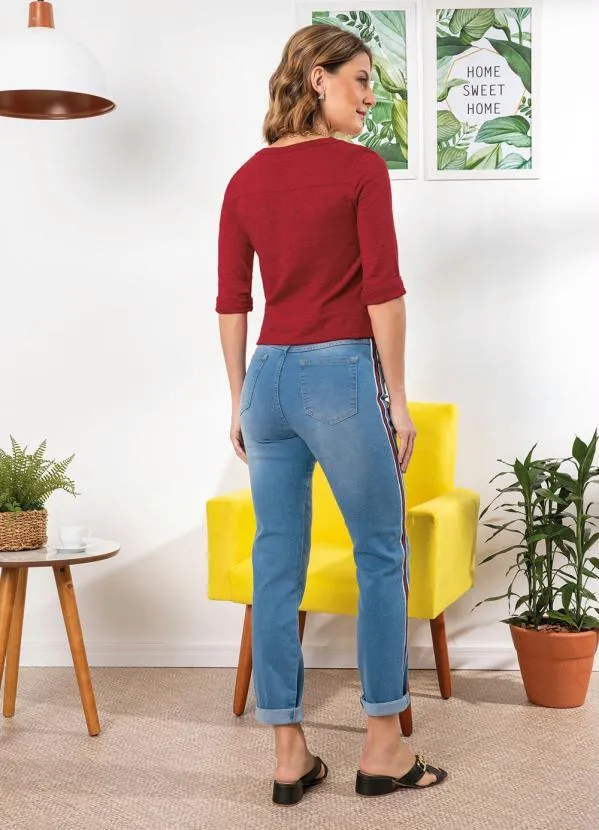 bonprix - Calça Jeans com Listra Lateral Azul Claro 5