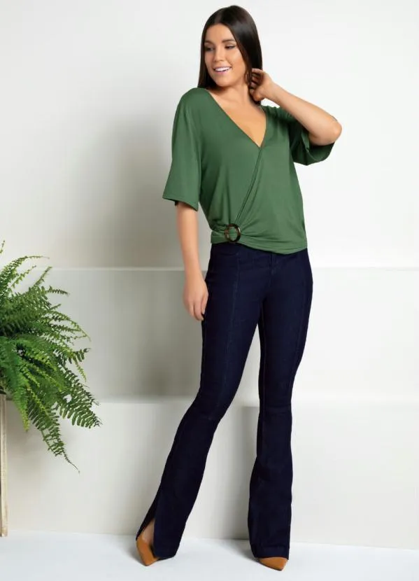Quintess - Calça Jeans Escuro Flare com Fenda 3