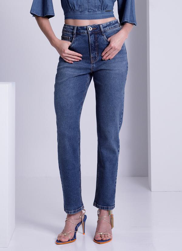 Lunender - Calça Jeans Mom Chapa Barriga com Elastano Azul