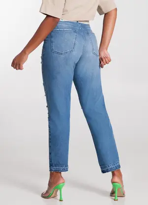 Lunender - Calça Jeans Mom Destroyed com Cinto Azul - LUNENDER