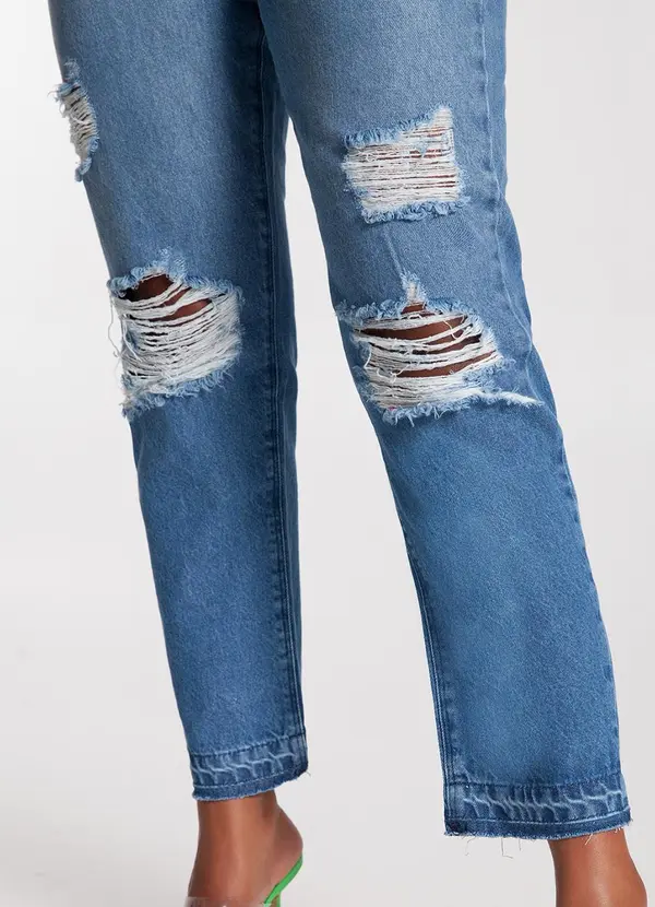 Lunender - Calça Jeans Mom Destroyed com Cinto Azul 5