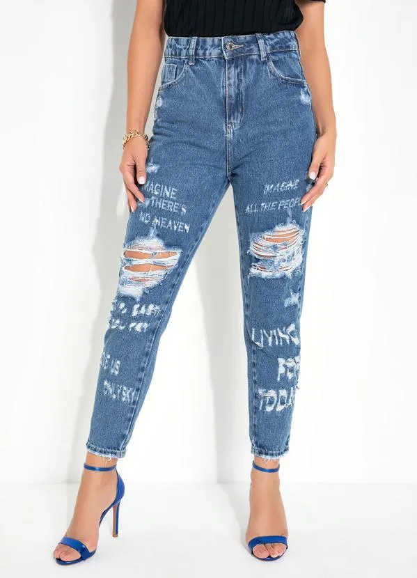 Calça Jeans Mom Jeans Destroyed Lettering Sawary Outlet