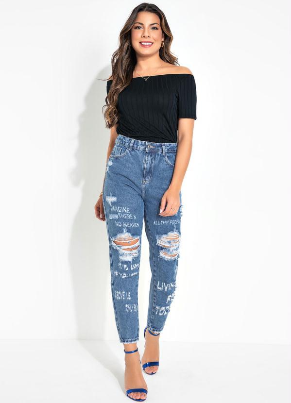 Outlet - Calça Jeans Mom Jeans Destroyed Lettering Sawary 4