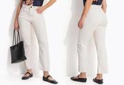 Cal�a Jeans Off White Reta Cintura Alta em Algod�o com Bolsos