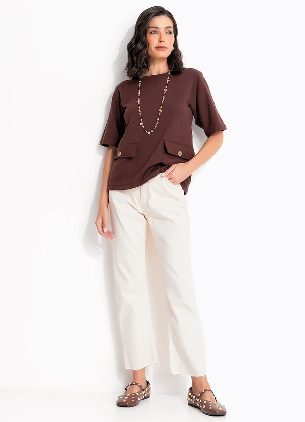 Quintess - Calça Jeans Off White Reta Cintura Alta em Algodão com Bolsos 13