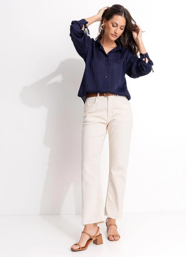 Quintess - Calça Jeans Off White Reta Cintura Alta em Algodão com Bolsos 18