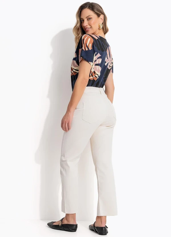 Quintess - Calça Jeans Off White Reta Cintura Alta em Algodão com Bolsos 5