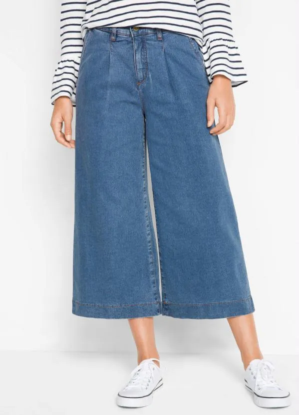 Calça Pantalona Pantacourt Jeans Destroyed Calça Jeans Pantacourt