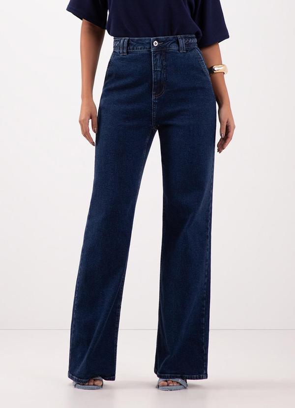 Lunender - Calça Jeans Pantalona com Trança no Cós Azul