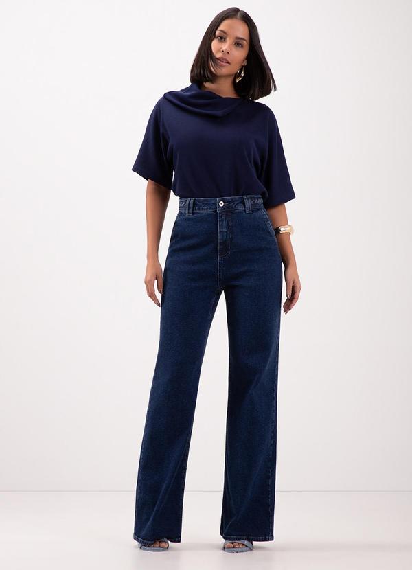 Lunender - Calça Jeans Pantalona com Trança no Cós Azul 3
